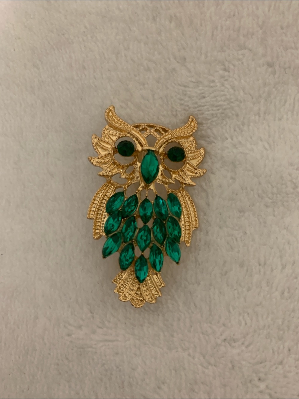 Gold Owl Brooch with Emerald Green Stones - Women Jewelry